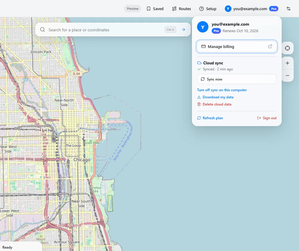 Geovoya’s account menu for a Pro account: “Renews Oct 10, 2026”, Manage billing, Cloud sync “Synced · 2 min ago”, Sync now, Download my data and Delete cloud data.