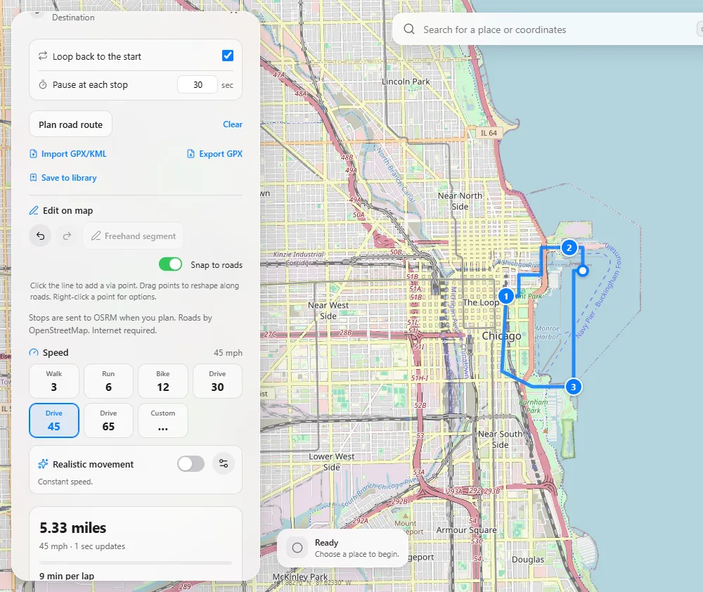 Editing a planned loop in Geovoya: a white via point dragged off the route line near Navy Pier, with the Edit on map controls (undo, redo, freehand segment, Snap to roads) in the side panel.