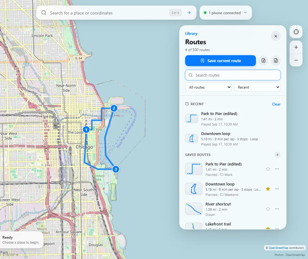 The Routes panel in Geovoya listing recent and saved routes such as “Park to Pier (edited)” and “Downtown loop” with distances, collections and favourite stars, beside a planned route on the map.