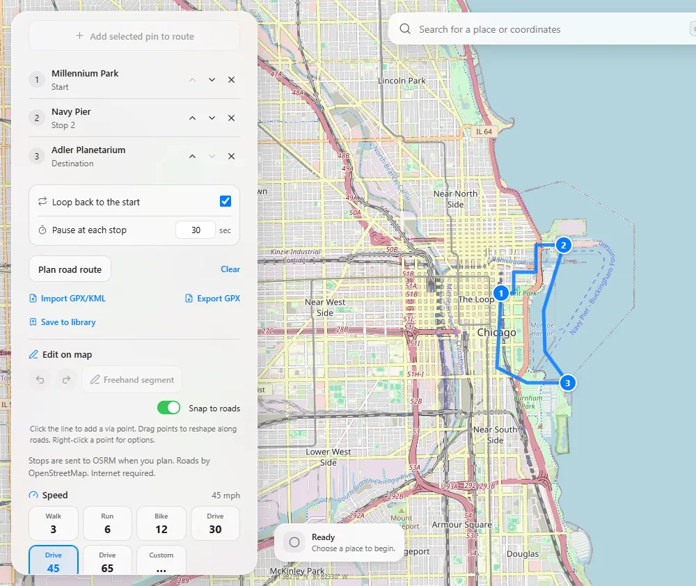 Geovoya’s route panel with three stops (Millennium Park, Navy Pier, Adler Planetarium), loop and pause options, Plan road route, GPX import and export, and on-map editing, next to the route on a map of Chicago.