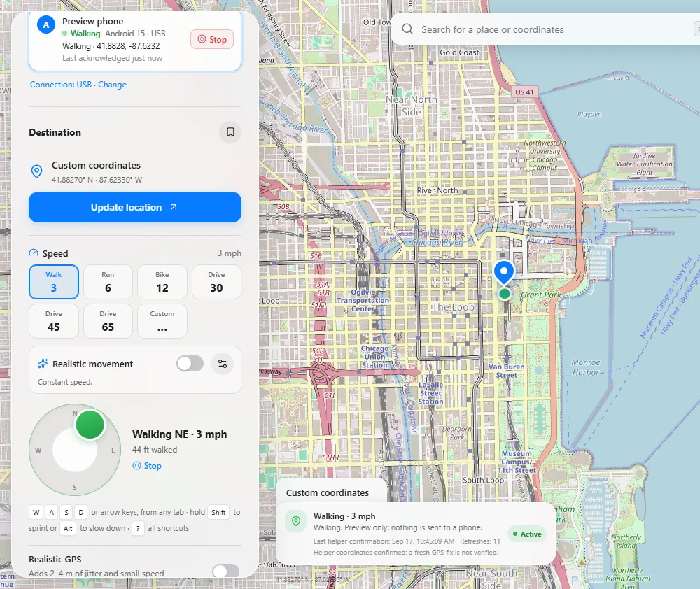 Geovoya’s Walk tab: speed presets with Walk 3 mph selected, an on-screen joystick pushed north-east and the status “Walking NE · 3 mph, 44 ft walked”, next to a map of downtown Chicago.
